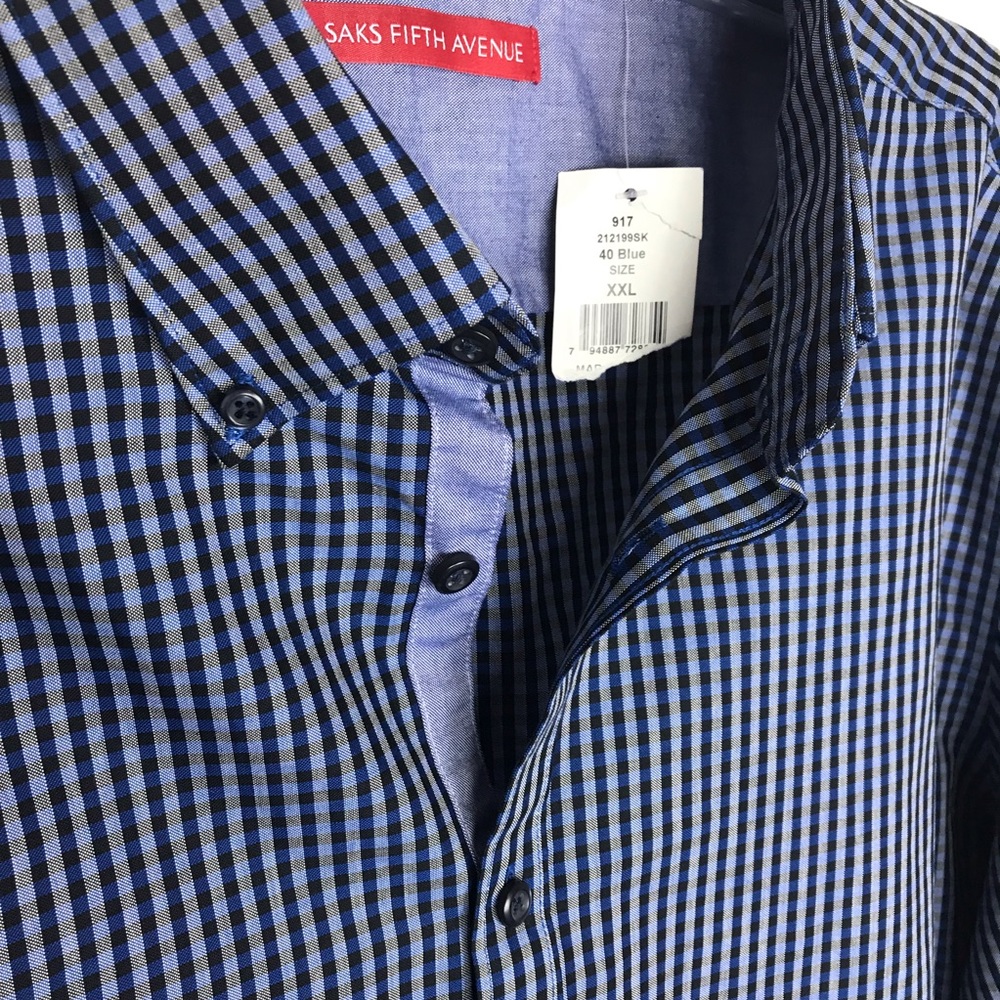 Saks Fifth Avenue men's long blue plaid shirt 2XL - Picture 4 of 7